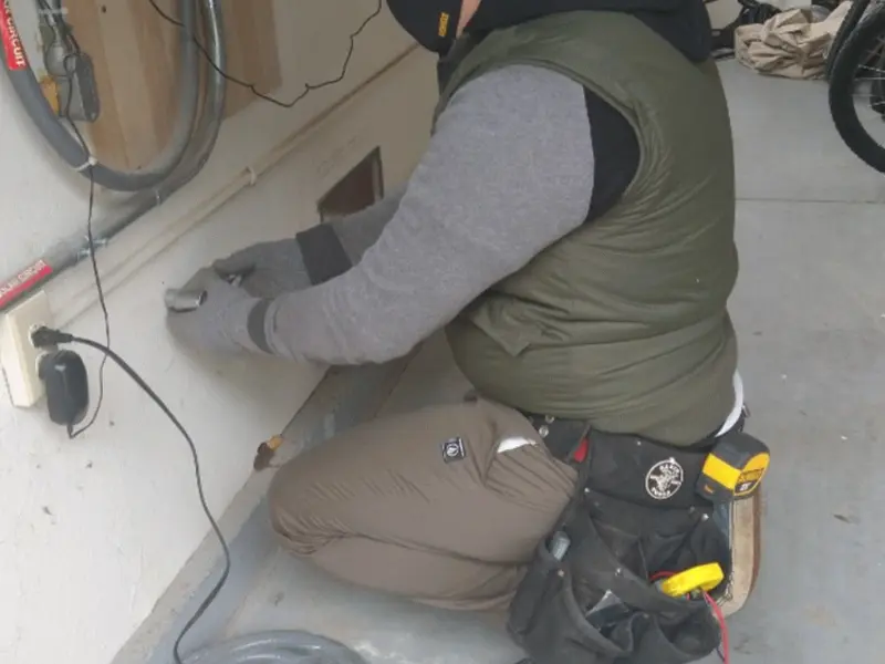 Electrician performing outlet wiring in a Burrell garage